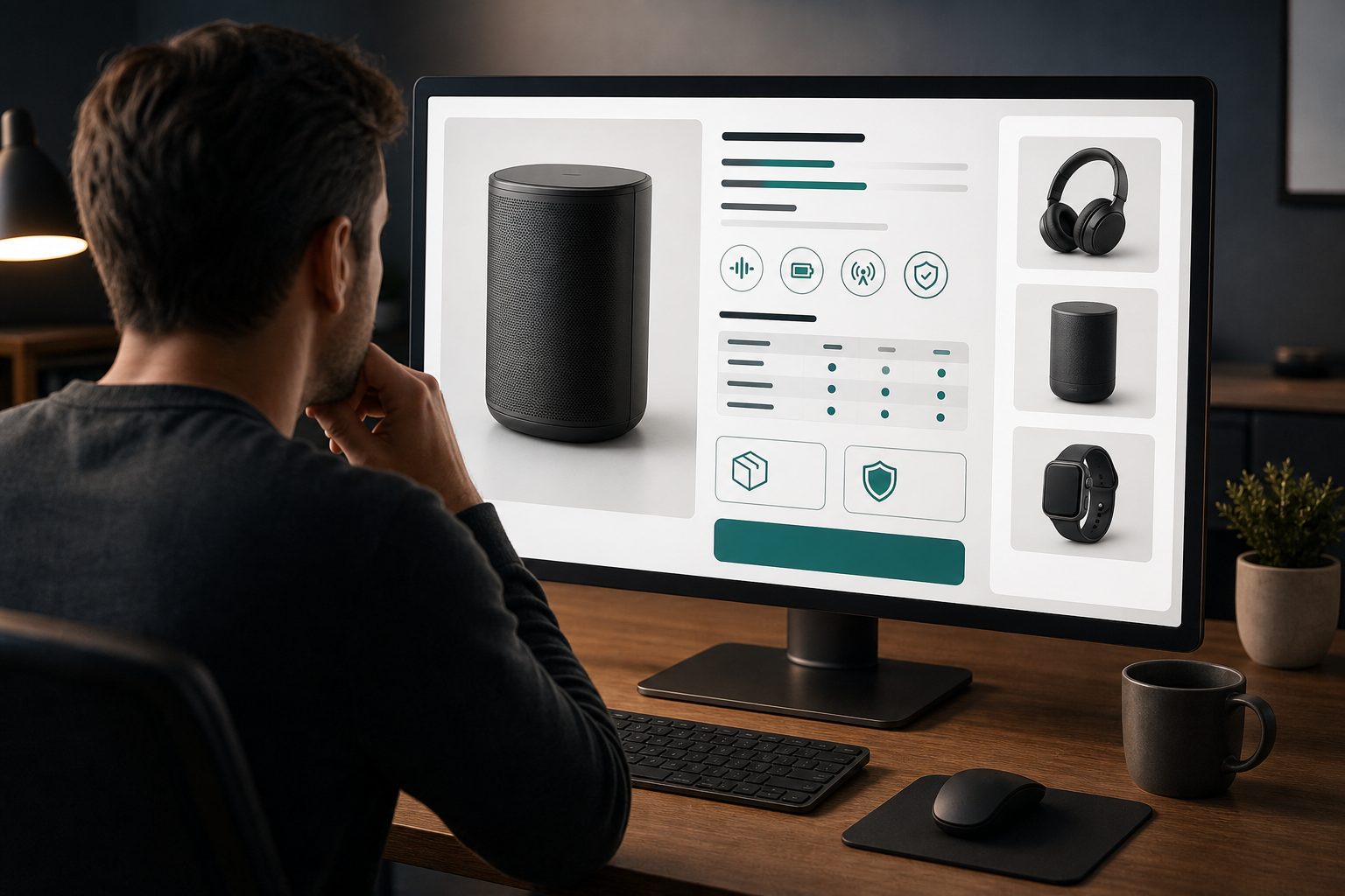 A buyer compares shortlisted products on a detailed e-commerce page showing product imagery, feature icons, delivery, trust, and purchase elements.