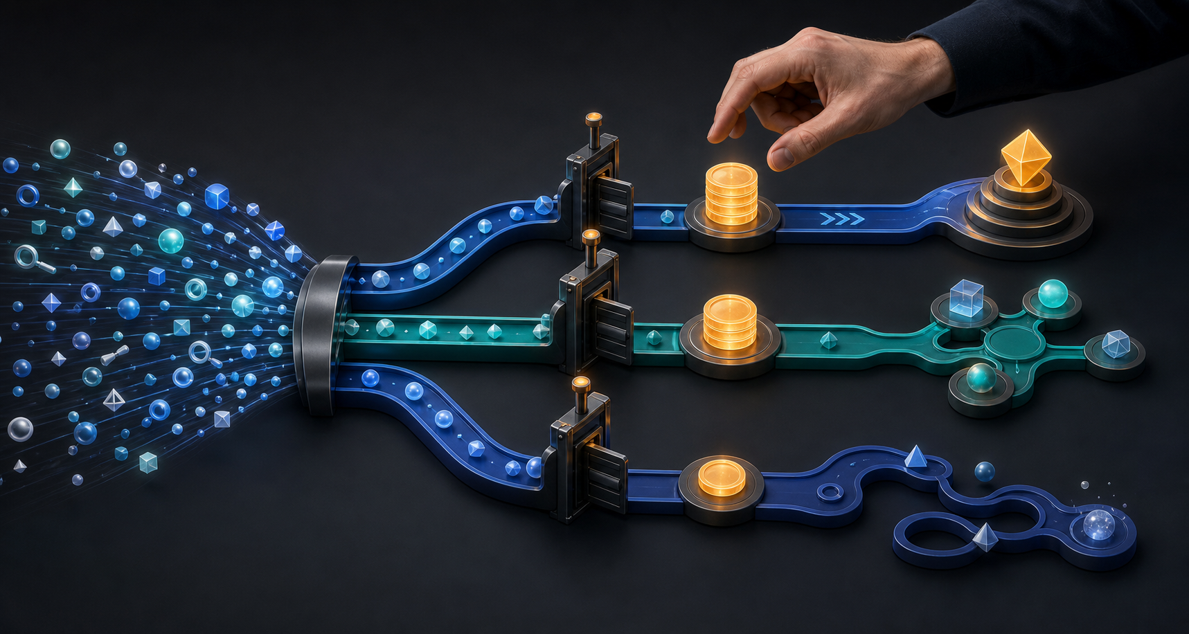A stream of search signals separates into three intent pathways while adjustable gates distribute glowing budget tokens among them.