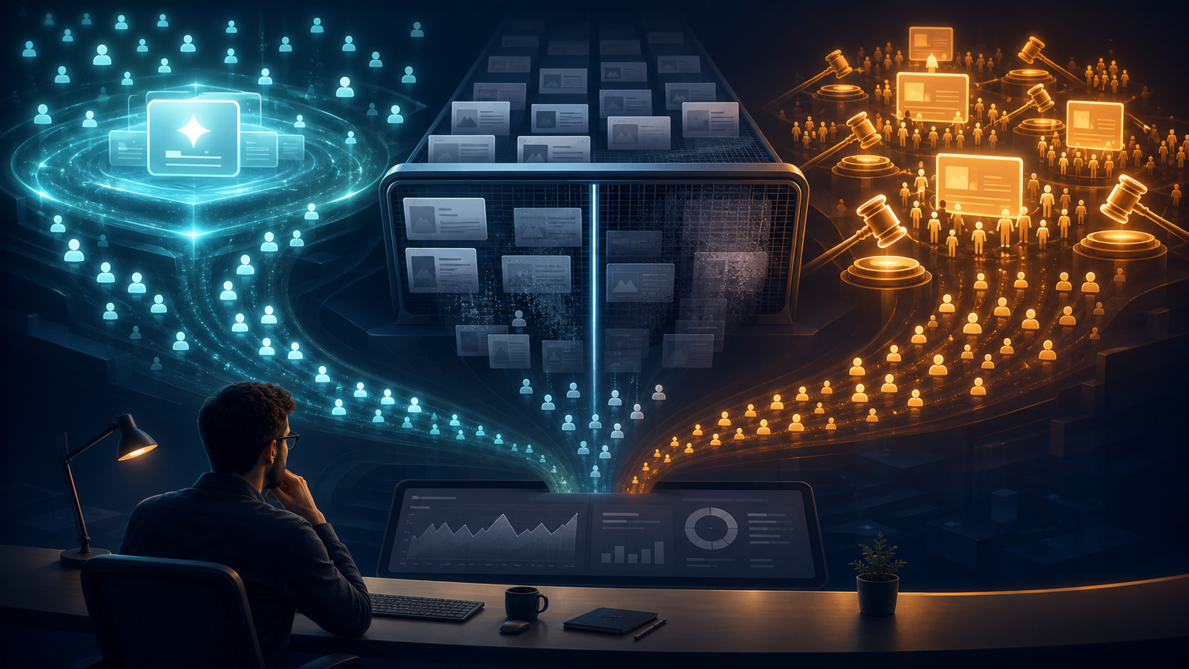 A marketer studies an abstract search landscape where an answer layer, a filtering gate, and a competitive advertising field all reduce traffic flowing to a dashboard.