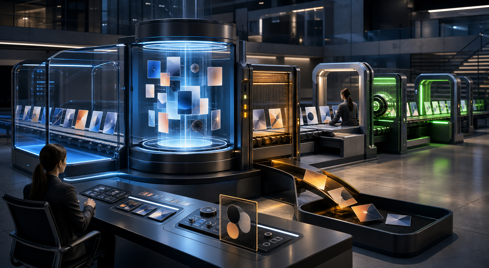 An operator watches an AI engine assemble campaign components as they pass through filters, limits, approval controls, and compliance gates.