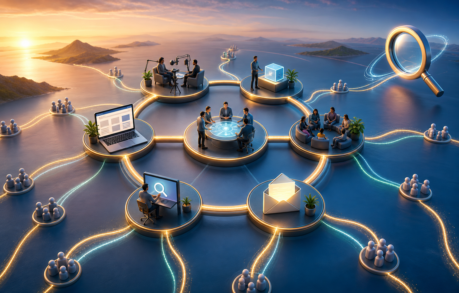 A strategy team operates a circular network of expert content, product demonstrations, community, email, paid search, and a website around a shifting search gateway.