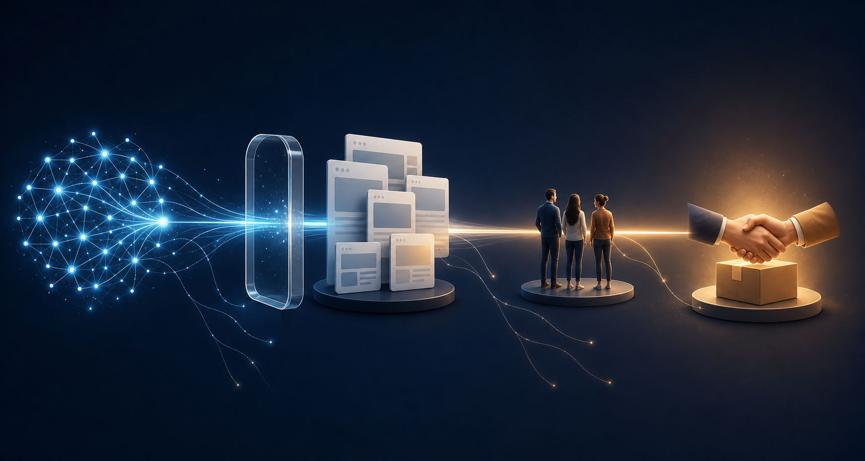 An abstract four-stage pathway connects an AI network, web pages, human visitors and a completed business transaction.