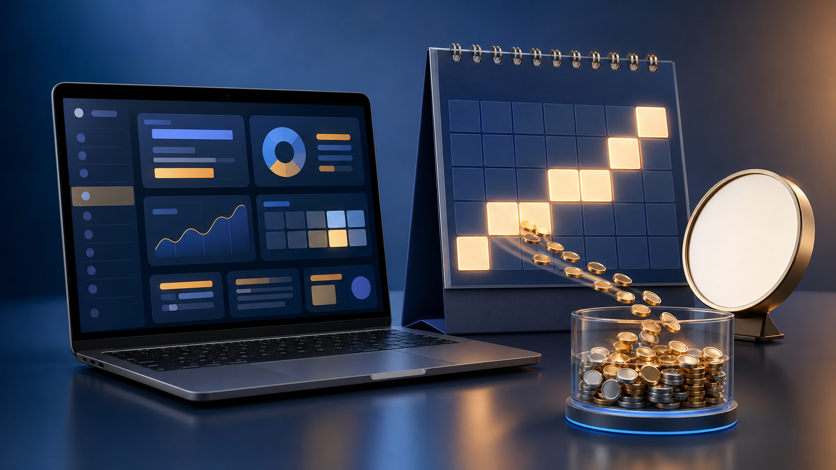 An unbranded laptop, calendar, and clock beside metallic budget tokens flowing into a transparent monthly spending reservoir.