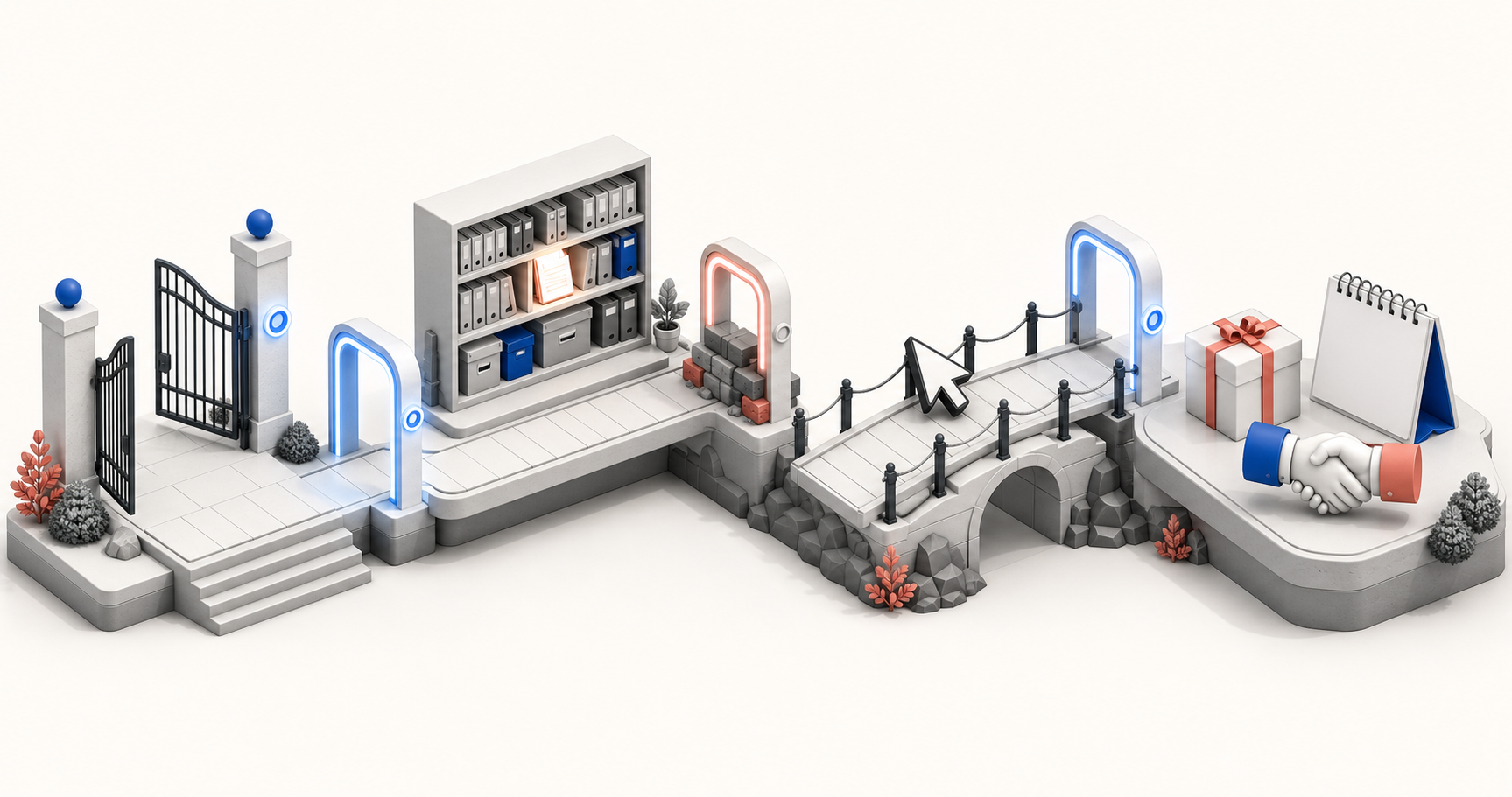 Four connected checkpoints show an access gate, selected source document, visitor crossing and business outcome, with one checkpoint partly obstructed.