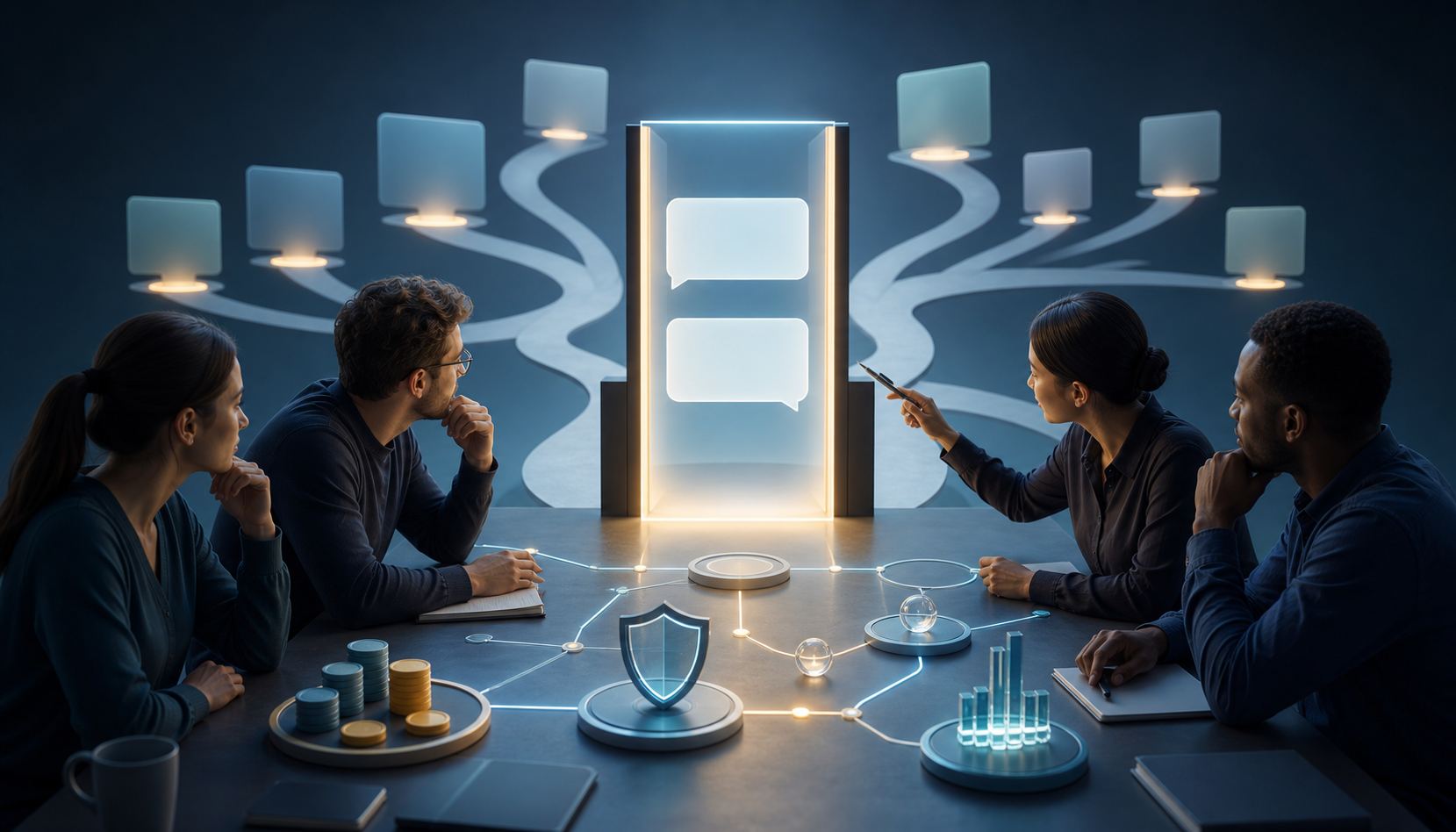 Marketing professionals examine a glowing blank chat interface surrounded by budget tokens, privacy shields, and measurement nodes at a strategy table.