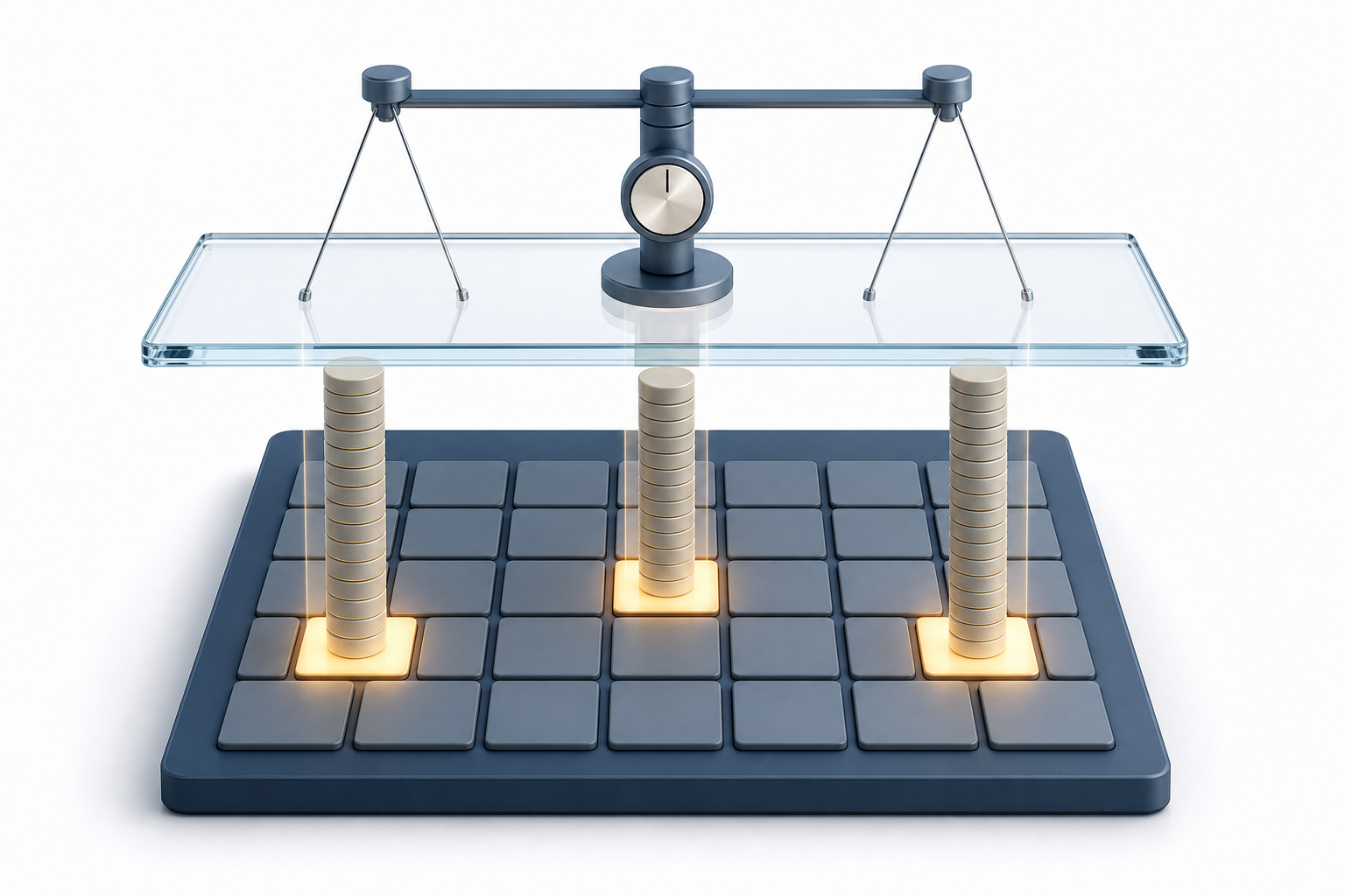 Glowing calendar tiles send budget tokens upward to a transparent glass ceiling that limits their height.