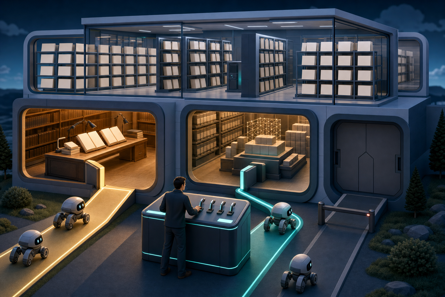 A site administrator routes neutral robotic crawlers through different entrances of a structured website archive while one entrance remains closed.