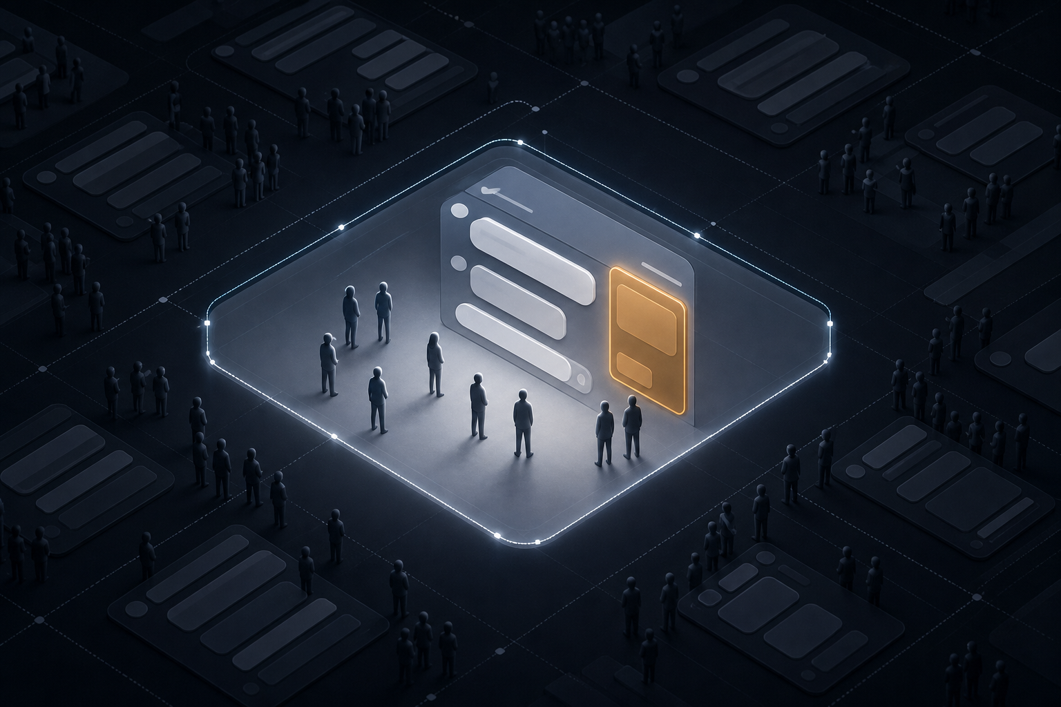 A small group of users stands inside an illuminated test zone around a generic chat interface, while a larger digital environment remains outside the boundary.