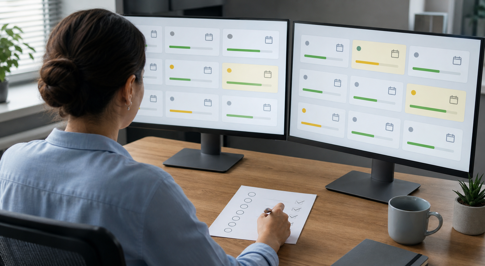 An analyst reviews highlighted campaign cards and blank calendar icons across two unbranded computer monitors.
