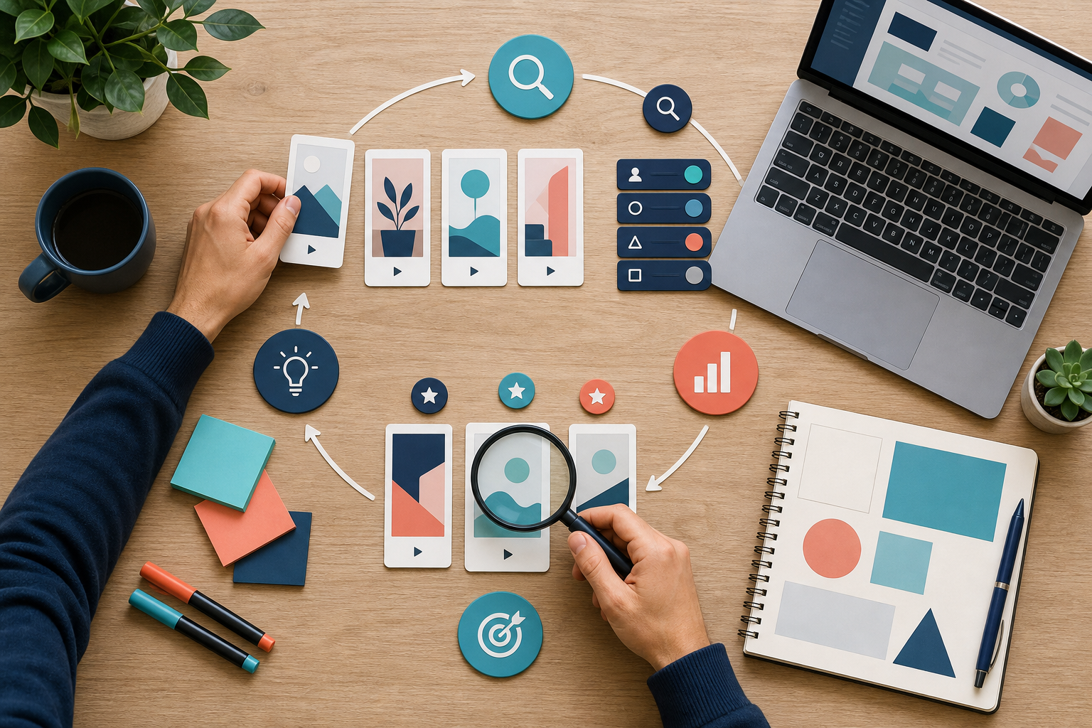 Hands arrange video cards, search symbols, and planning markers around a circular measurement workflow on a desk.