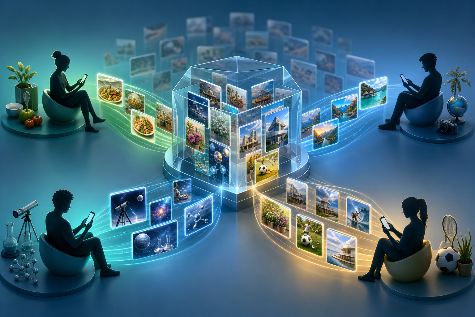 Different image-only content tiles travel through a central selection chamber along separate glowing paths to readers with distinct interests.