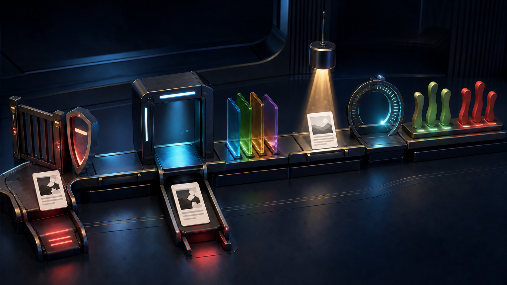 A content card moves through ordered eligibility, image, interest, appeal, time, and feedback checkpoints while flawed cards are diverted early.