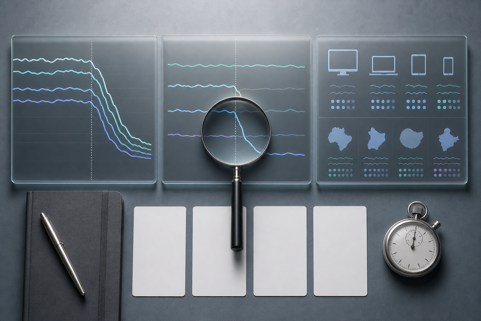 A magnifying glass and stopwatch sit beside unlabeled monitoring panels showing different abstract patterns of traffic decline.