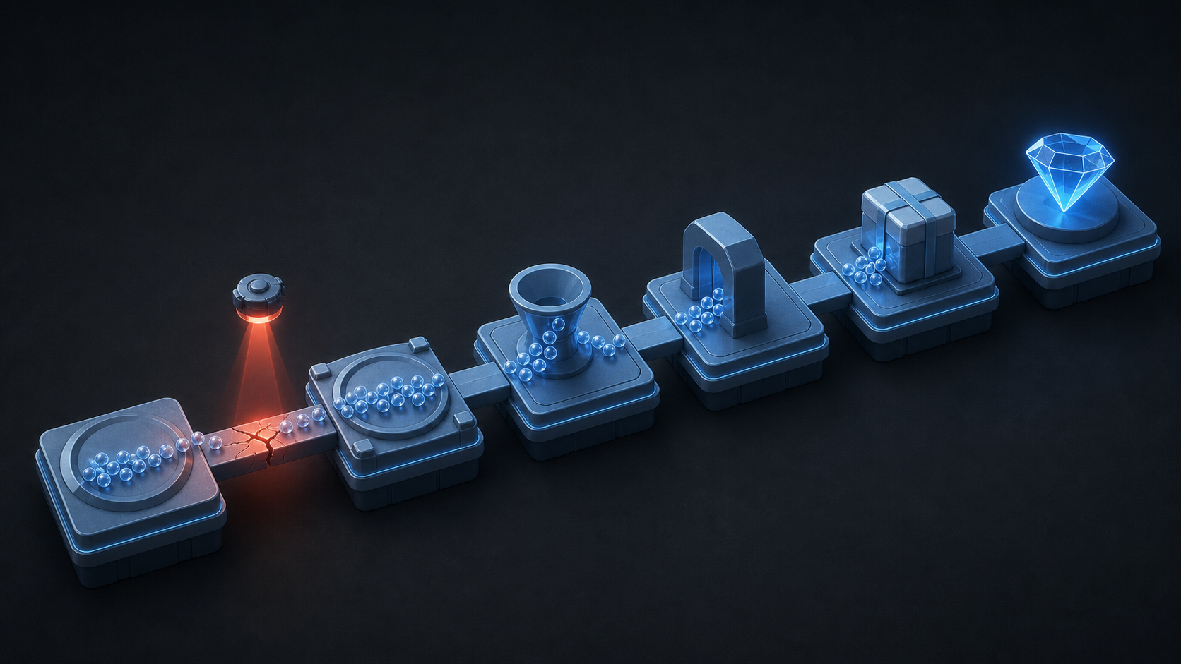 A glowing stream crosses connected isometric platforms toward a package and gem, while an early bridge is cracked and marked by an inspection light.