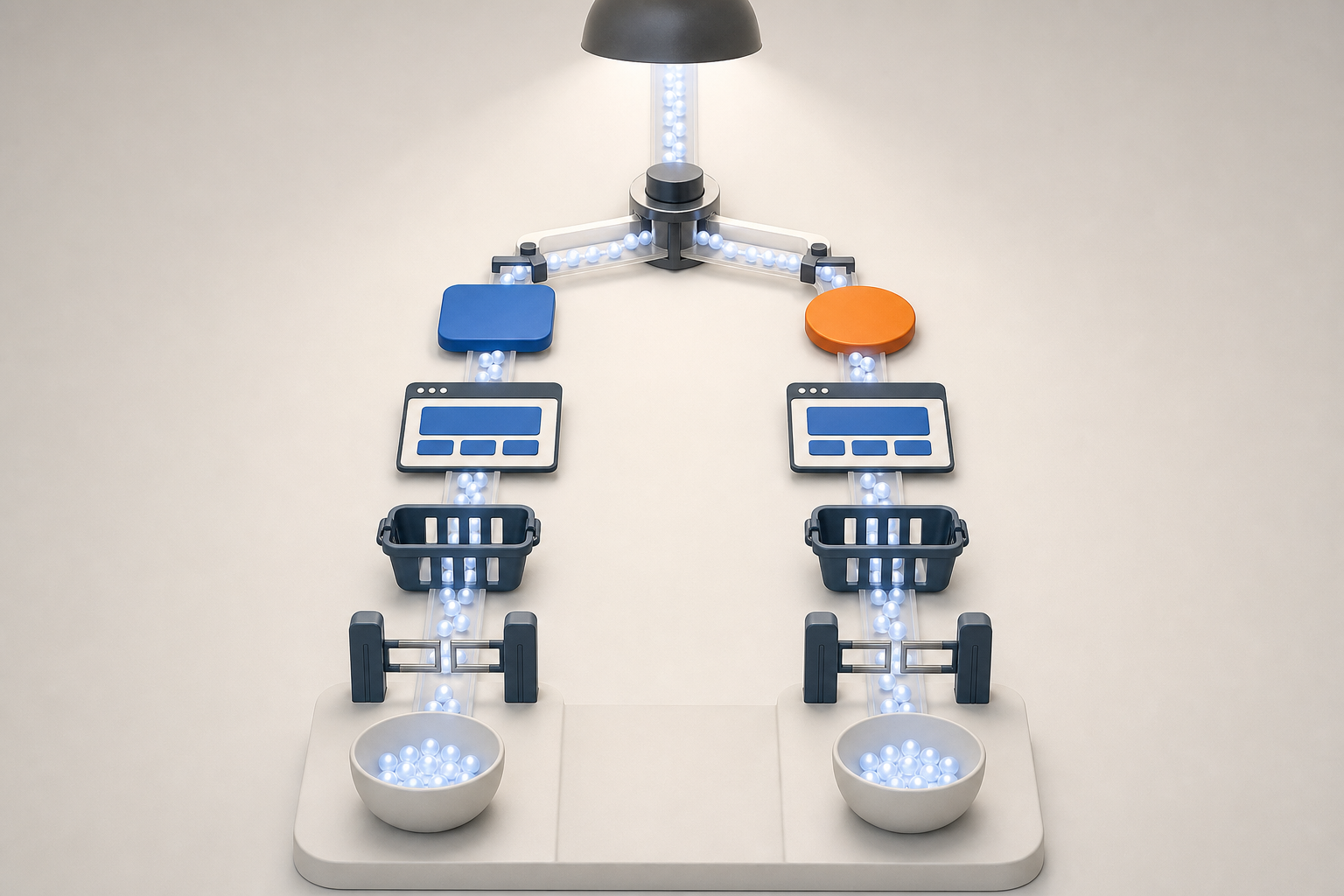 Two matching miniature conversion pathways receive equal streams of glowing beads, with one component changed in the second pathway to represent a controlled test.