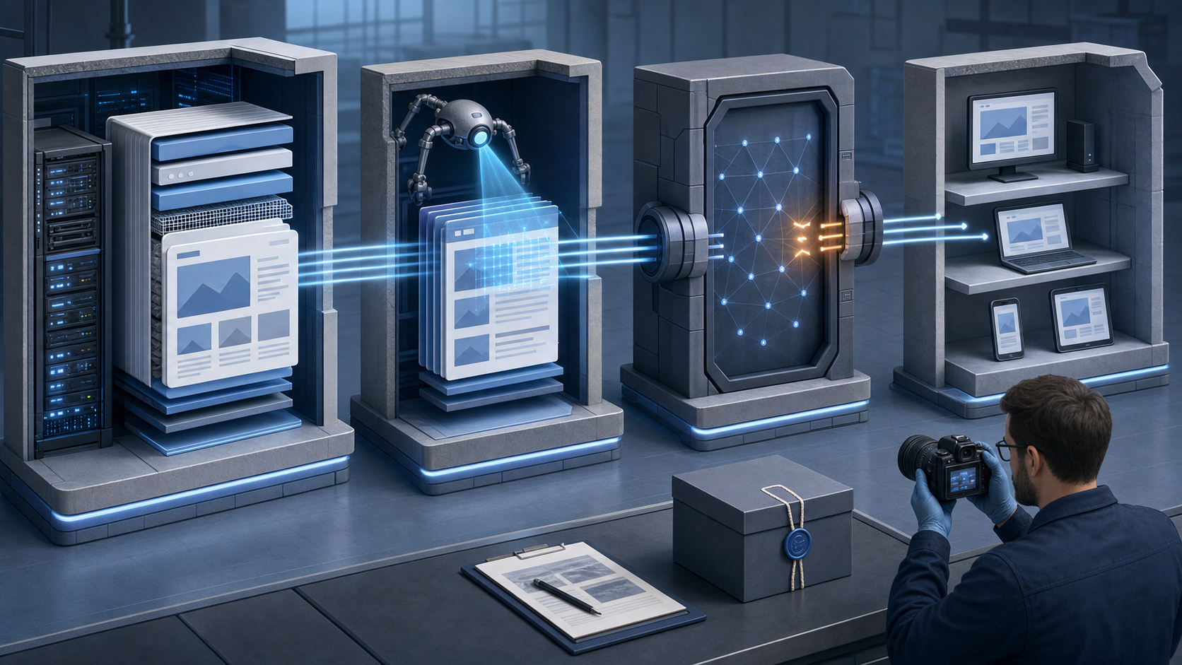 A technician observes separate server, crawling, search delivery, and visitor layers while leaving website controls untouched.