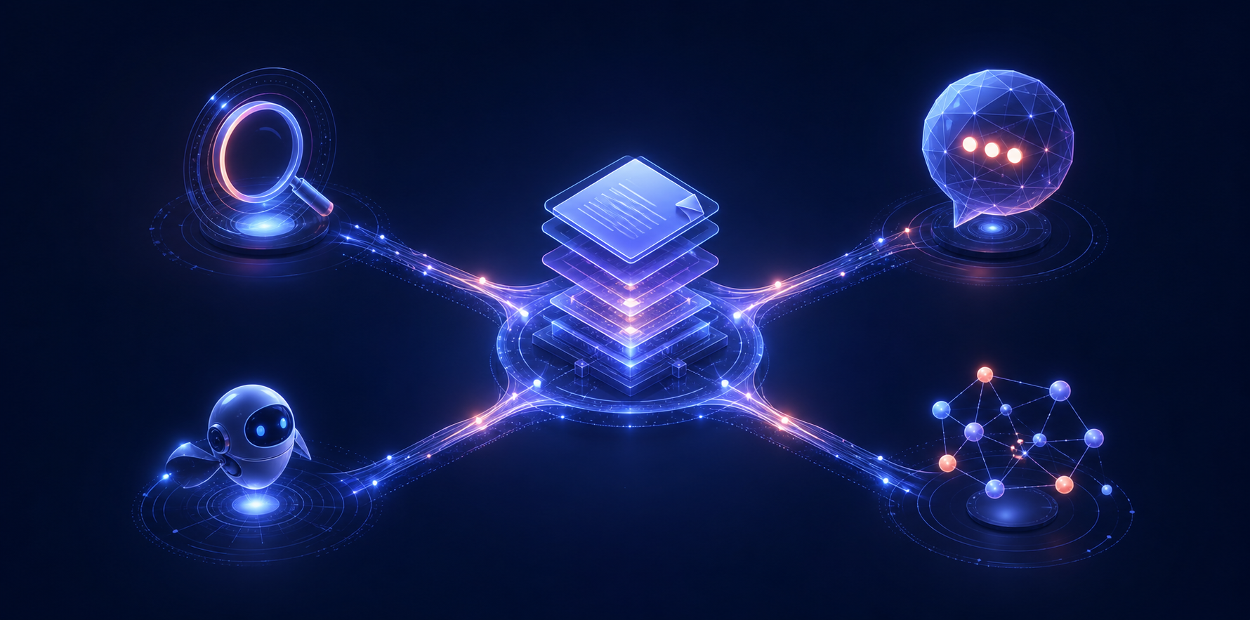 A glowing central content hub connects to symbols for search, direct answers, AI agents, and an entity network.