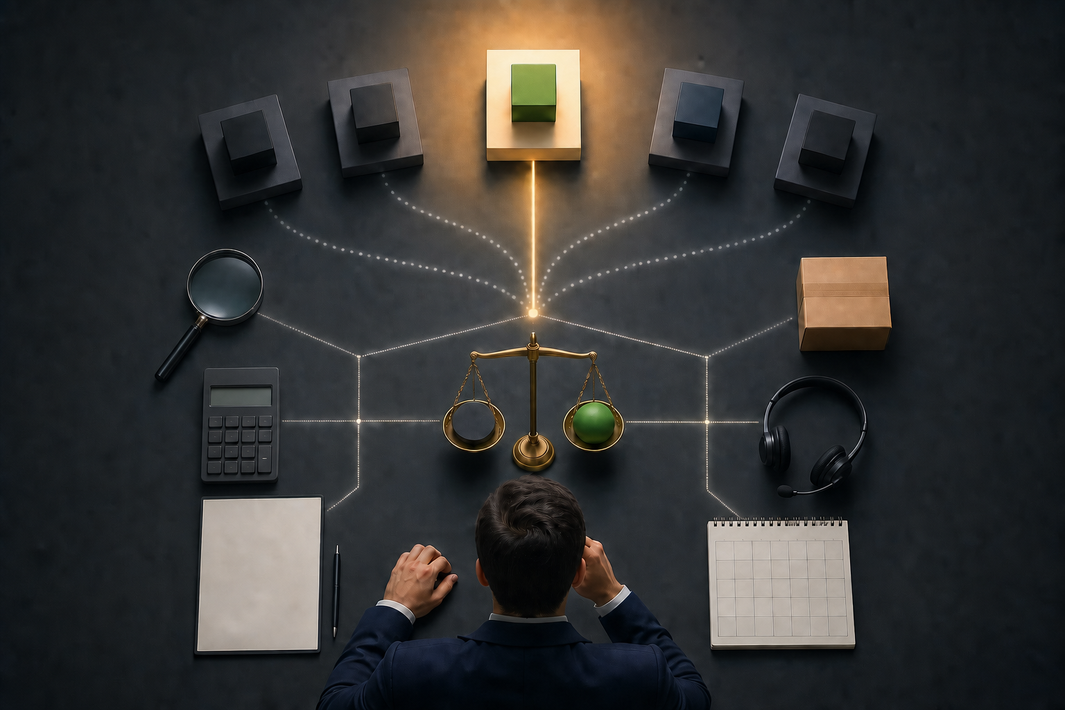 A buyer at a table evaluates products, cost, timing, delivery, support, and value before choosing one illuminated option.