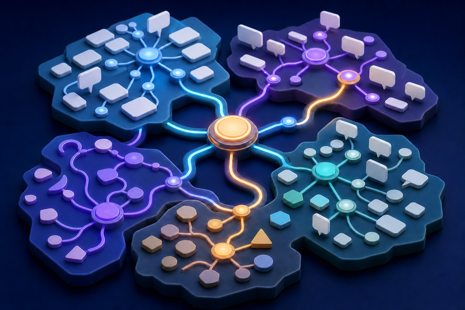 Blank search tiles, speech bubbles, and geometric intent tokens connect into a single illuminated map of clustered demand themes.
