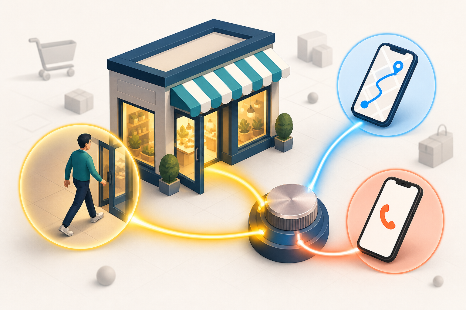 Illustration of store entry, map directions and phone-call actions sending separate signals to an optimization control beside a storefront.