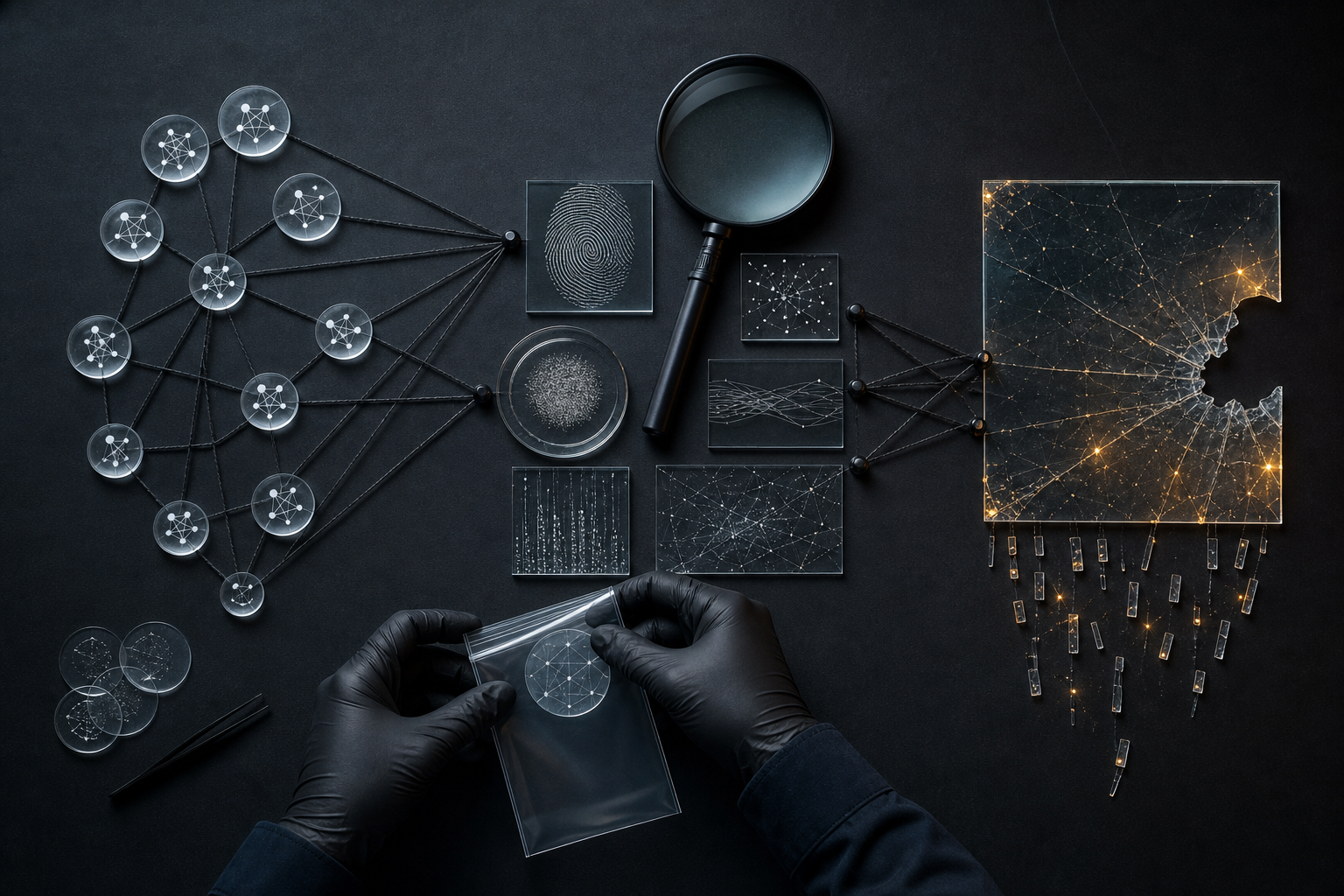 Gloved hands organize digital evidence into three connected groups showing suspicious links, attribution clues, and damage to a website node.