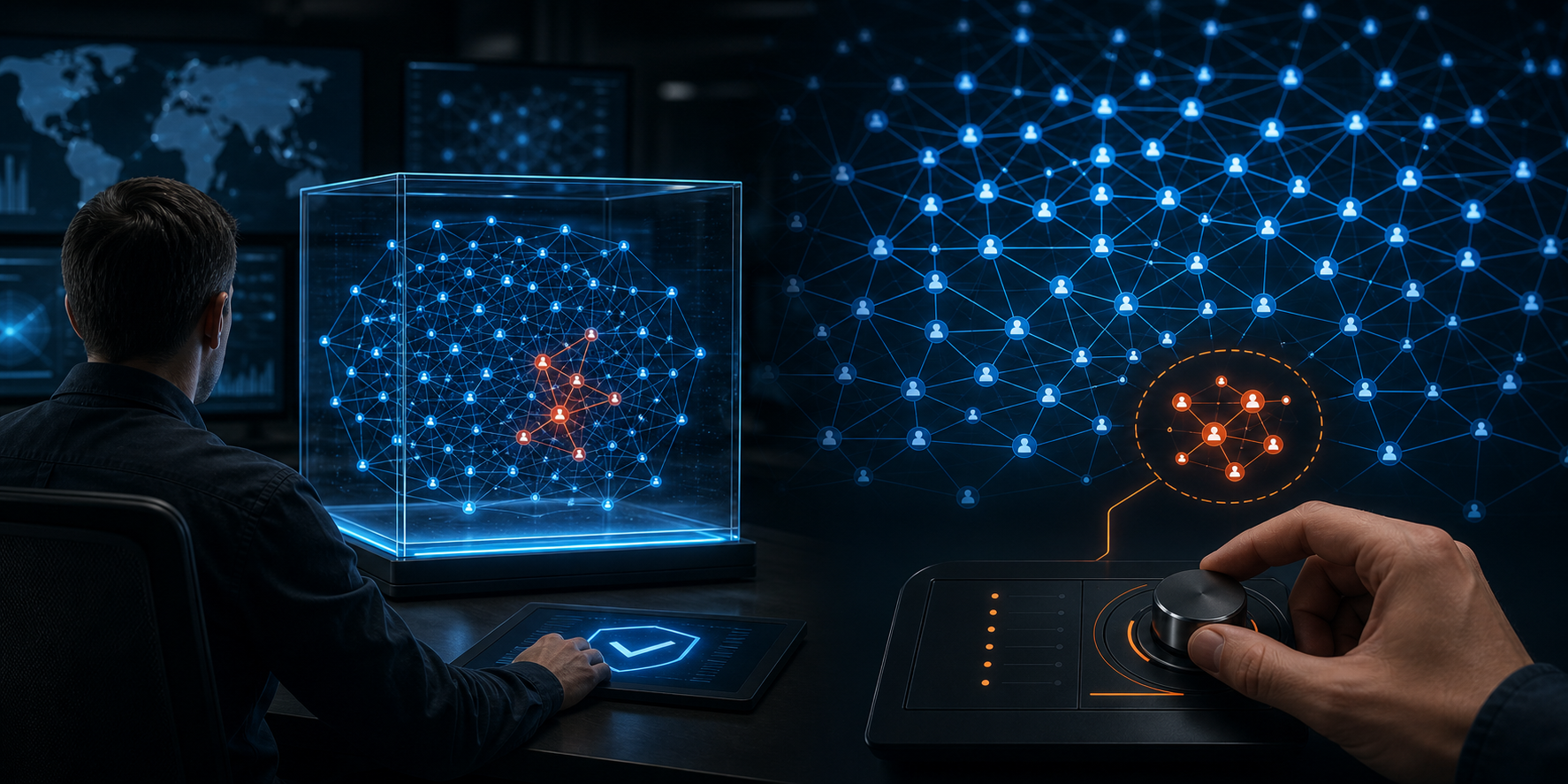 A forensic analyst archives a hostile link network in a transparent cube while isolating a small set of contaminated connections from healthy nodes.