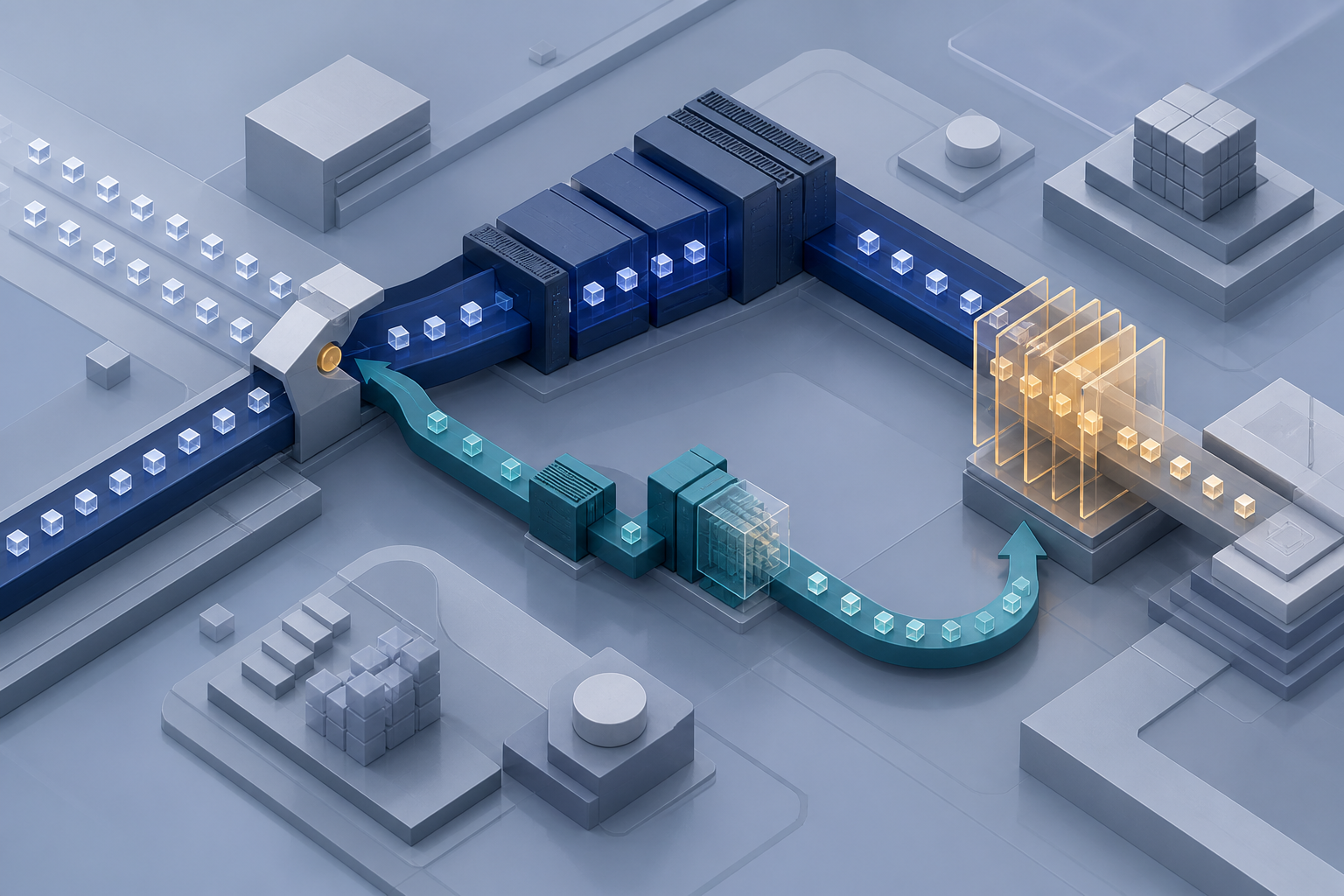 Parallel reporting pipelines pass through a controlled traffic junction and comparison stage, with a return route to the established batch system.