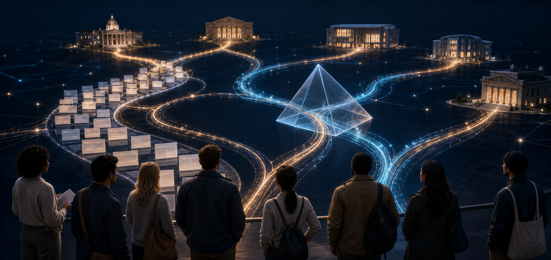 Readers face a branching network of illuminated paths that pass through an abstract AI prism and generic search cards before reaching several publisher buildings.