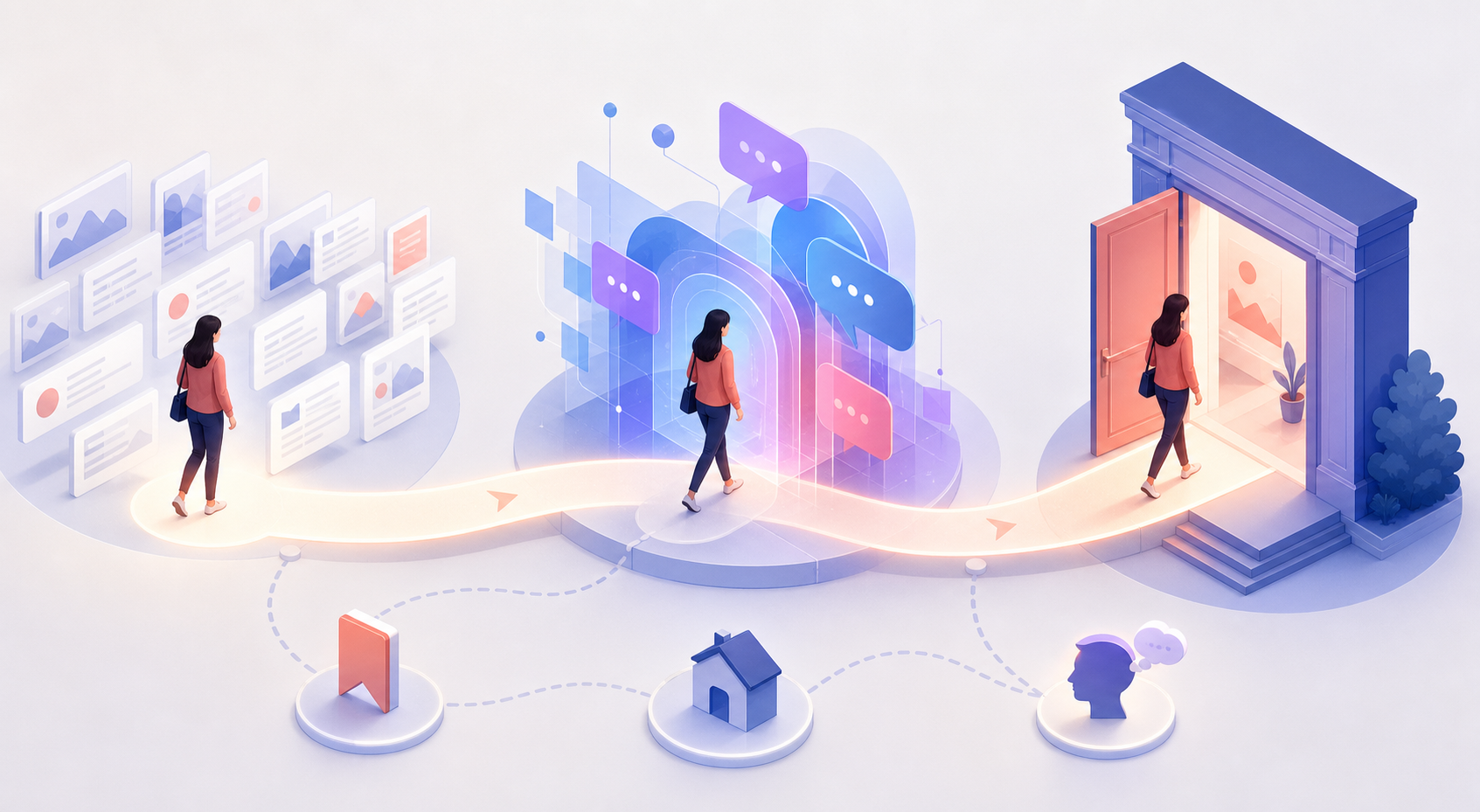 A reader follows a winding path from generic search cards through an abstract AI portal to an open publisher doorway, with secondary routes branching around the journey.