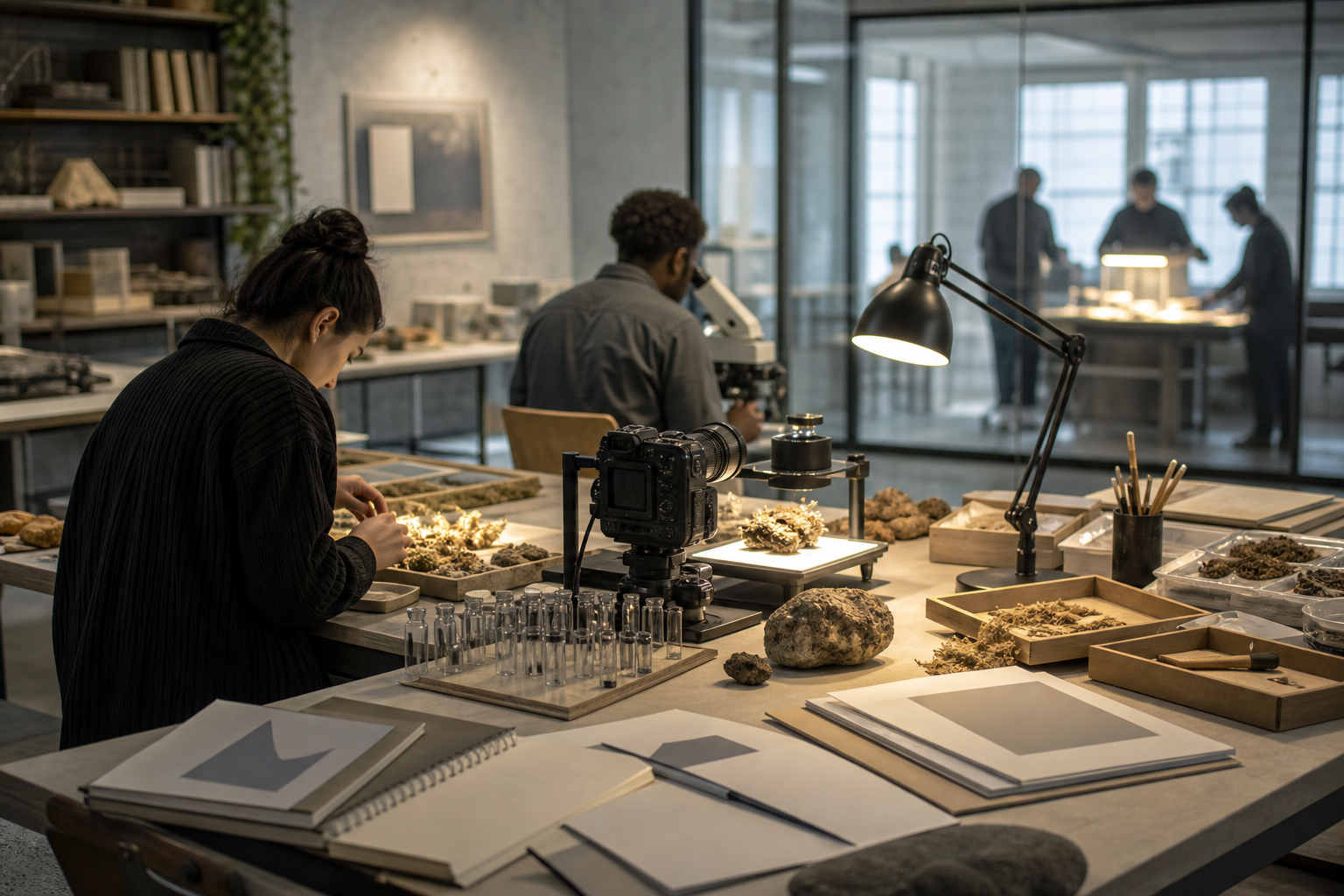 A publishing team records an original experiment with cameras, measuring tools, samples, and source materials while distant competitors observe through a glass wall.