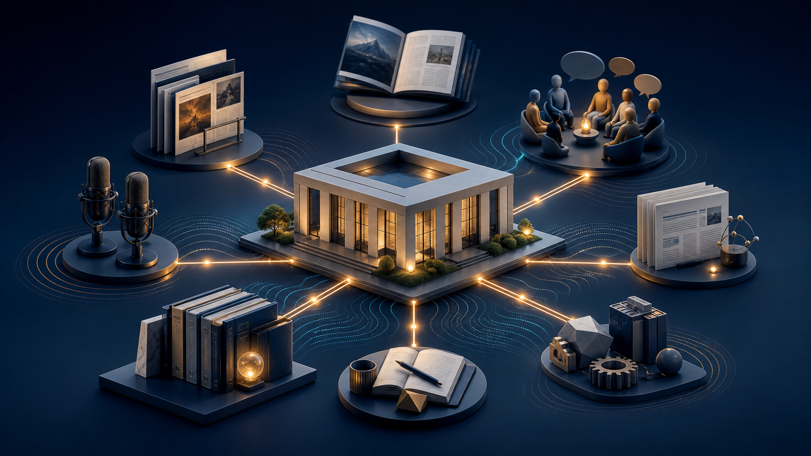 A central website hub connected to publications, conversations, research documents, podcasts, and industry resources through different visual pathways.