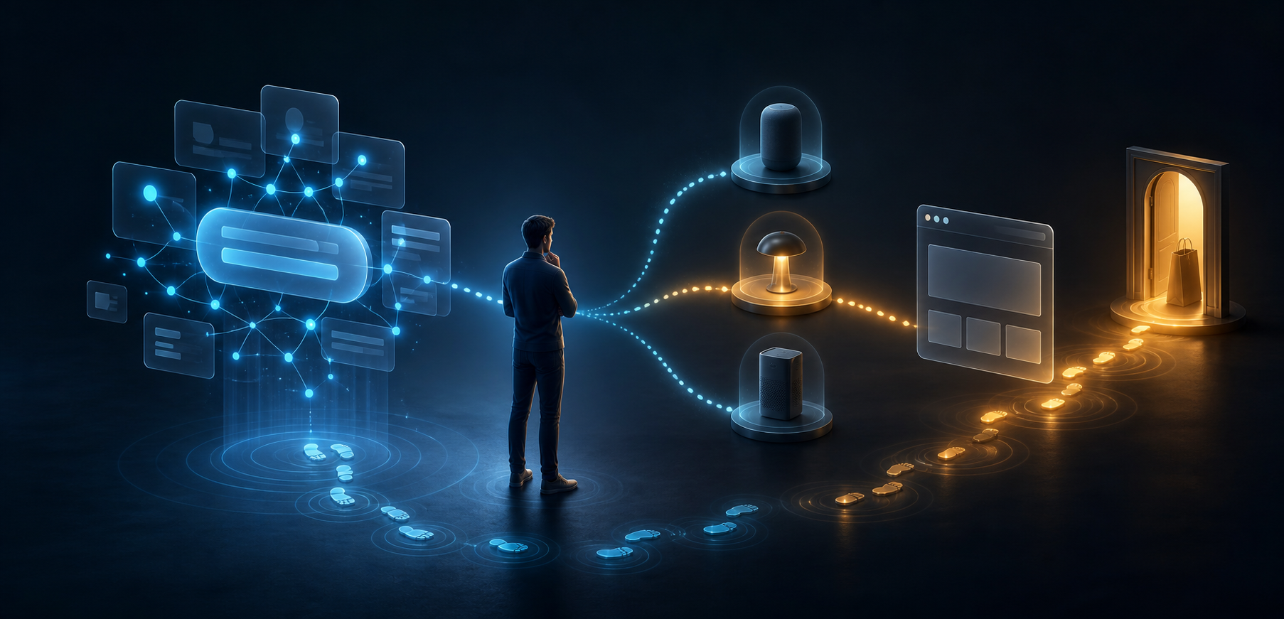 A buyer moves from an abstract AI answer interface toward a product shortlist, a website window, and a purchase doorway along several glowing paths.