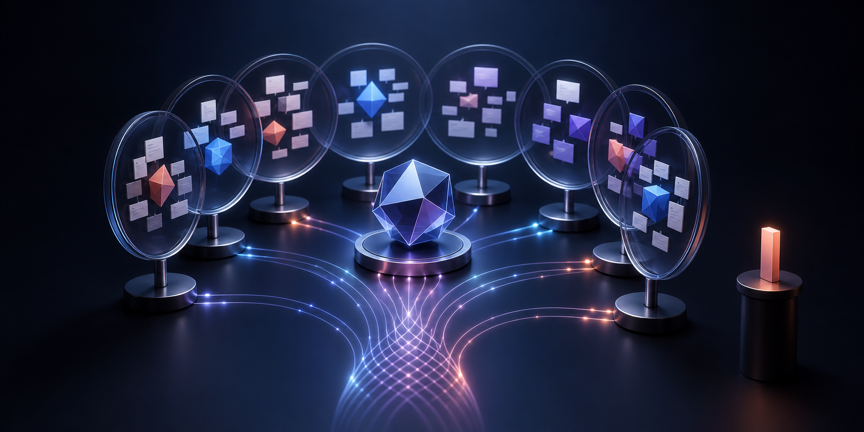 Several transparent lenses show different arrangements of source blocks around the same central brand object, with their light trails forming a combined pattern.