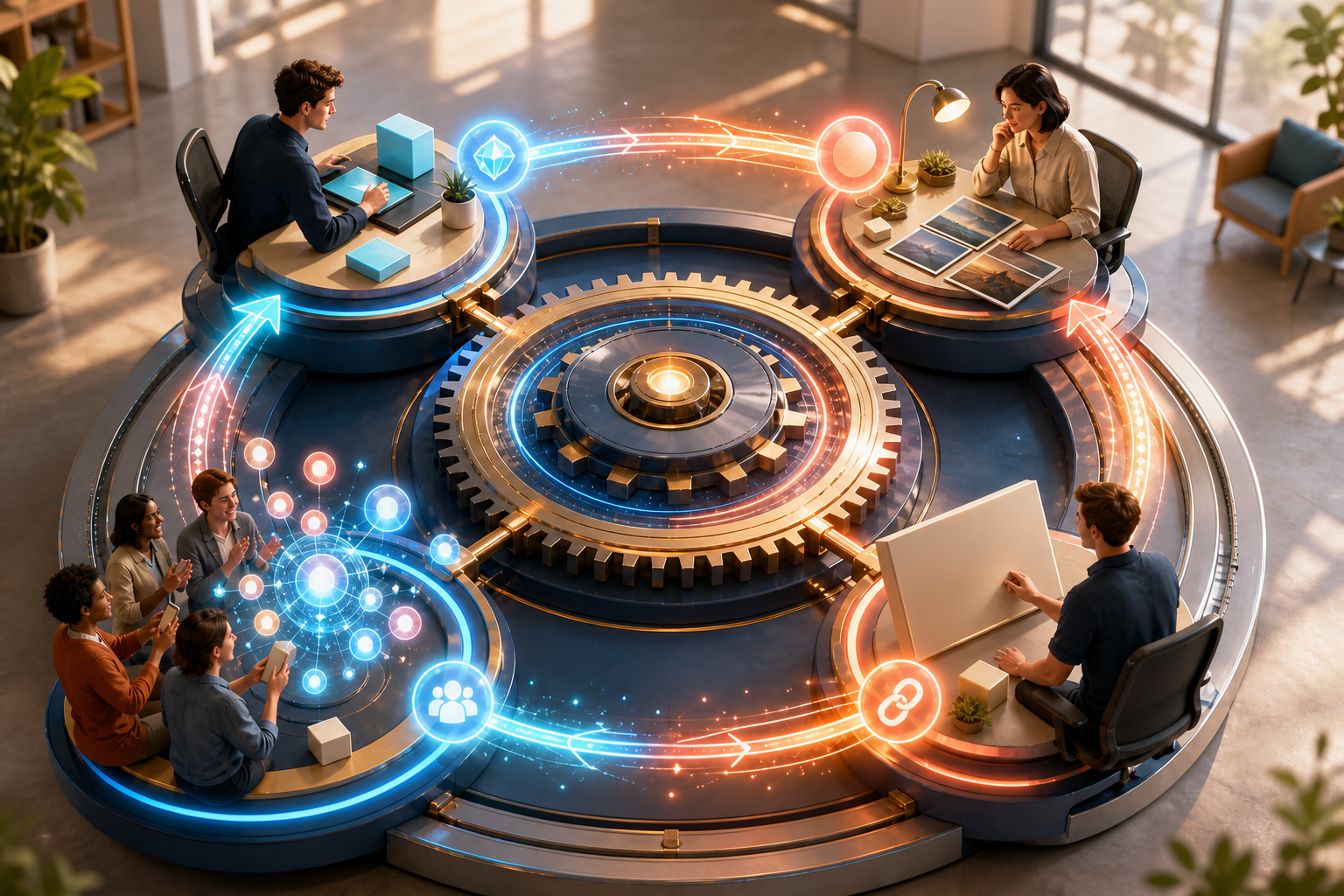 A circular mechanism connects content creation, editorial coverage, relevant linking, and audience attention in a continuous loop.
