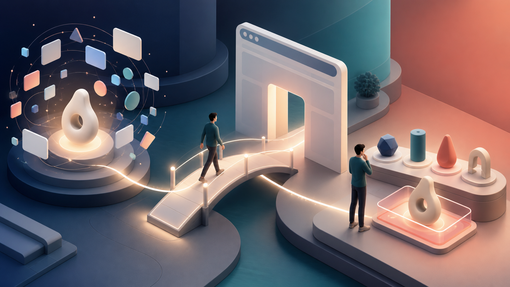 Three connected scenes show an object appearing in an AI answer, a visitor entering a website, and a buyer choosing an option for a shortlist.
