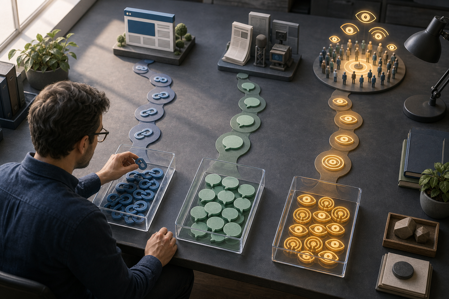 An analyst sorts link, conversation, and visibility symbols into three separate trays on a desk.