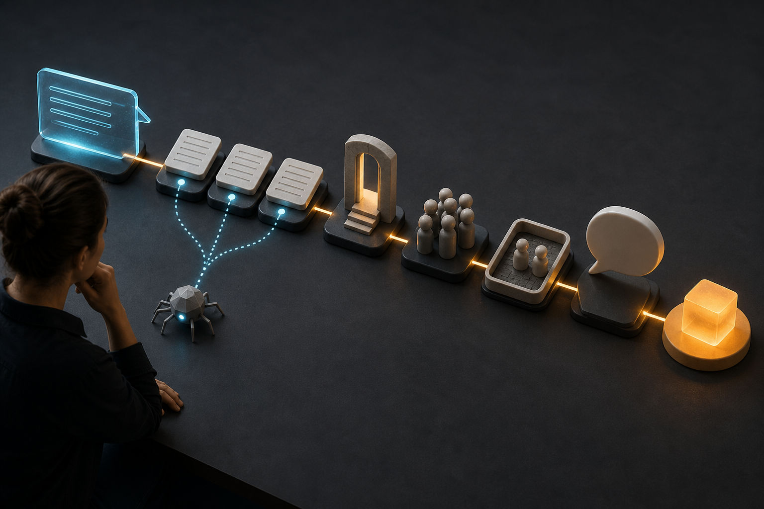An analyst examines linked objects representing an AI answer, source citations, a website visit, a shortlist, a sales conversation, and a purchase, with a separate crawler trail feeding into the evidence path.