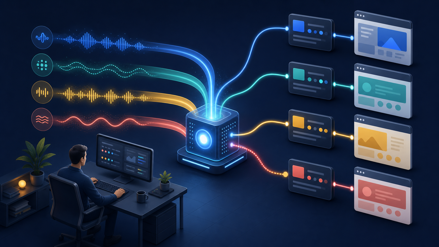 An advertising campaign operator watches colored communication streams pass through an automated routing hub to matching ad cards and landing pages.