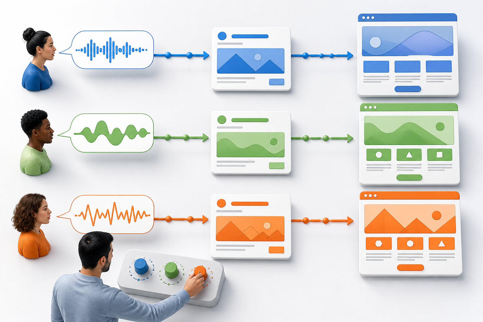 Three color-coded customer pathways connect abstract speech waveforms to matching search ads and landing pages while a marketer adjusts one route.