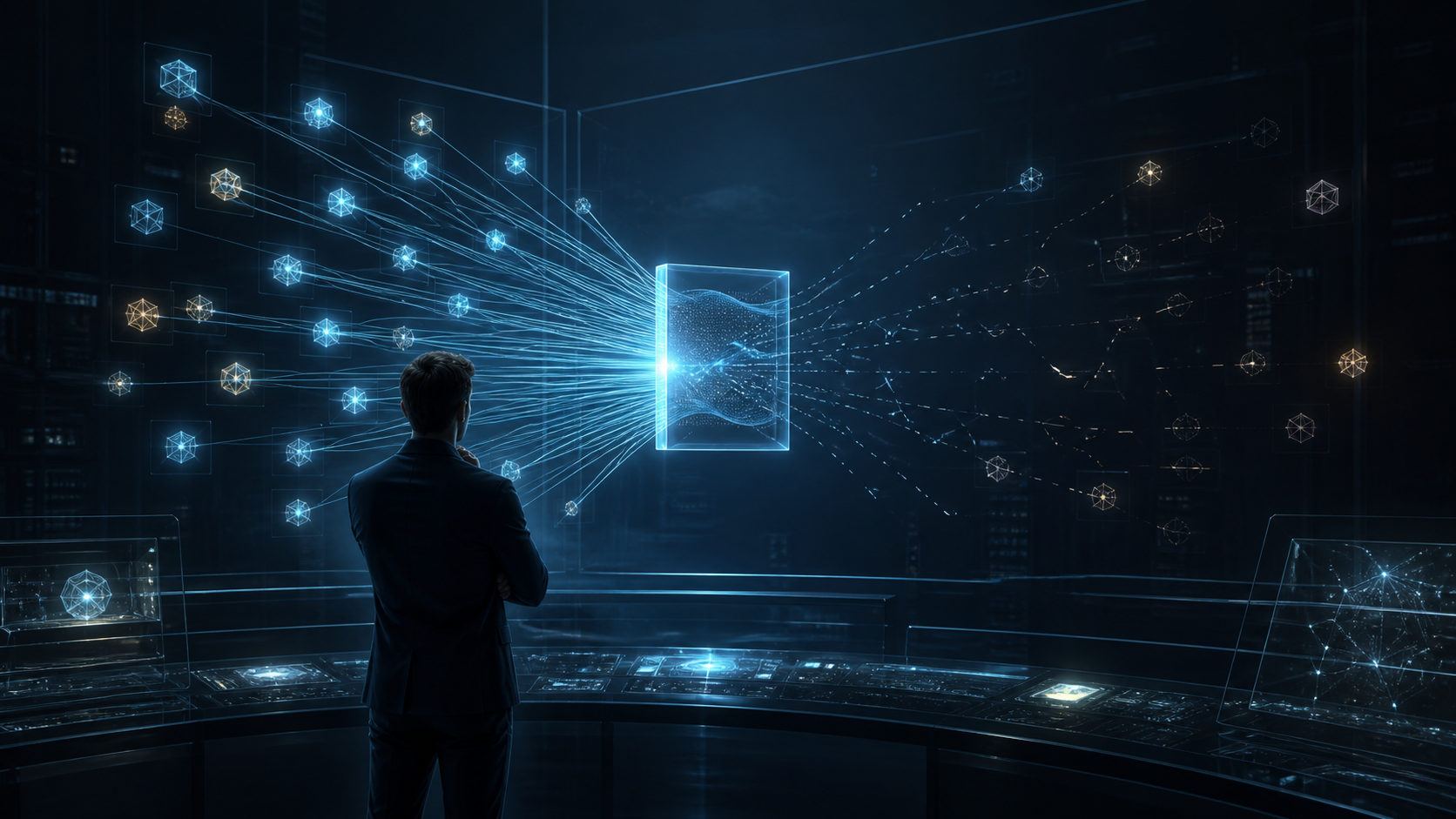 An analyst observes a glowing web page connected to source nodes by lines that gradually fade and break across a dark digital workspace.