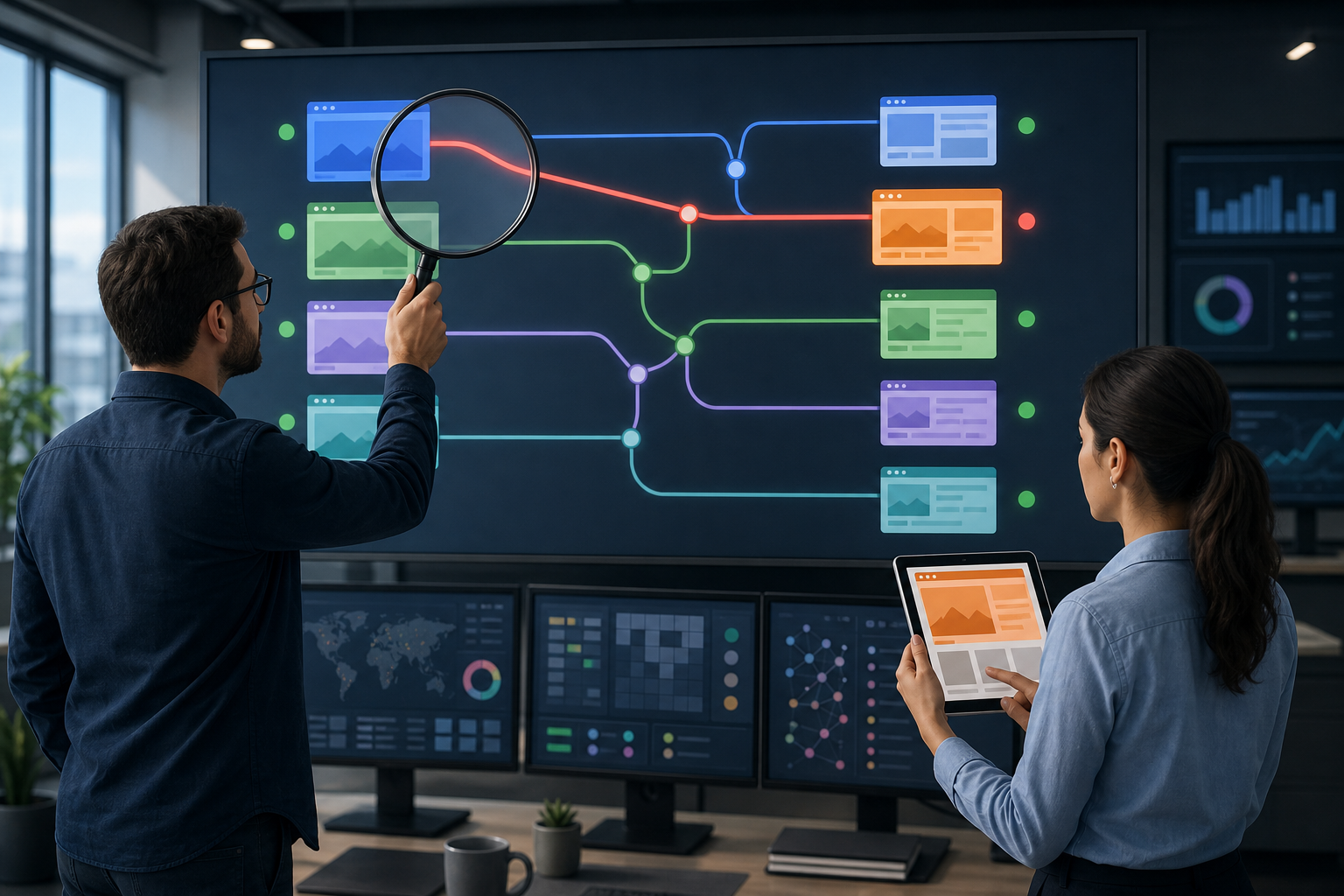 Two analysts inspect color-coded routes between generic ad tiles and landing pages, with one mismatched connection highlighted in red.