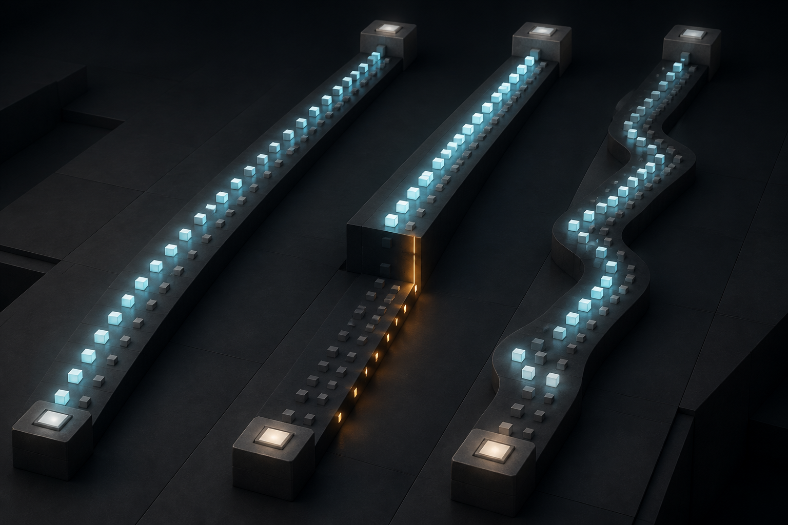Three illuminated pathways show a gradual fade, a sudden drop, and an irregular decline with partial recovery.