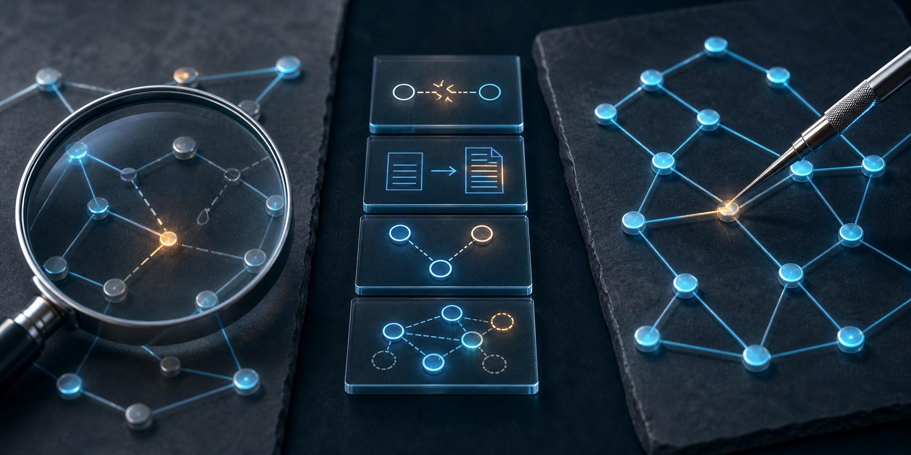A magnifying lens, layered diagnostic tiles, and a precision tool form a left-to-right investigation and repair sequence around a citation network.