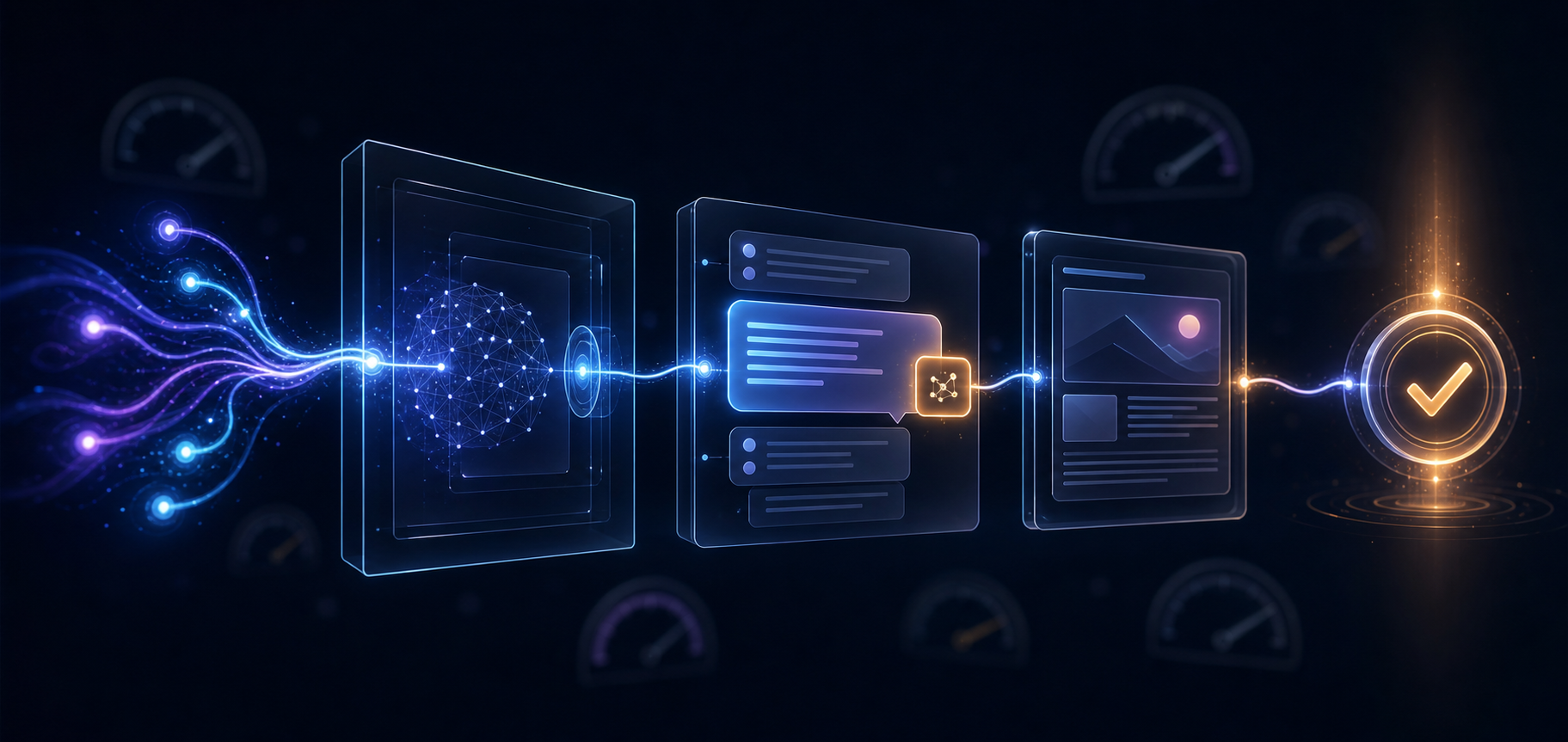 An illuminated path connects abstract search queries, an AI response, a citation, a web page, and a completed outcome inside a dark analytical workspace.