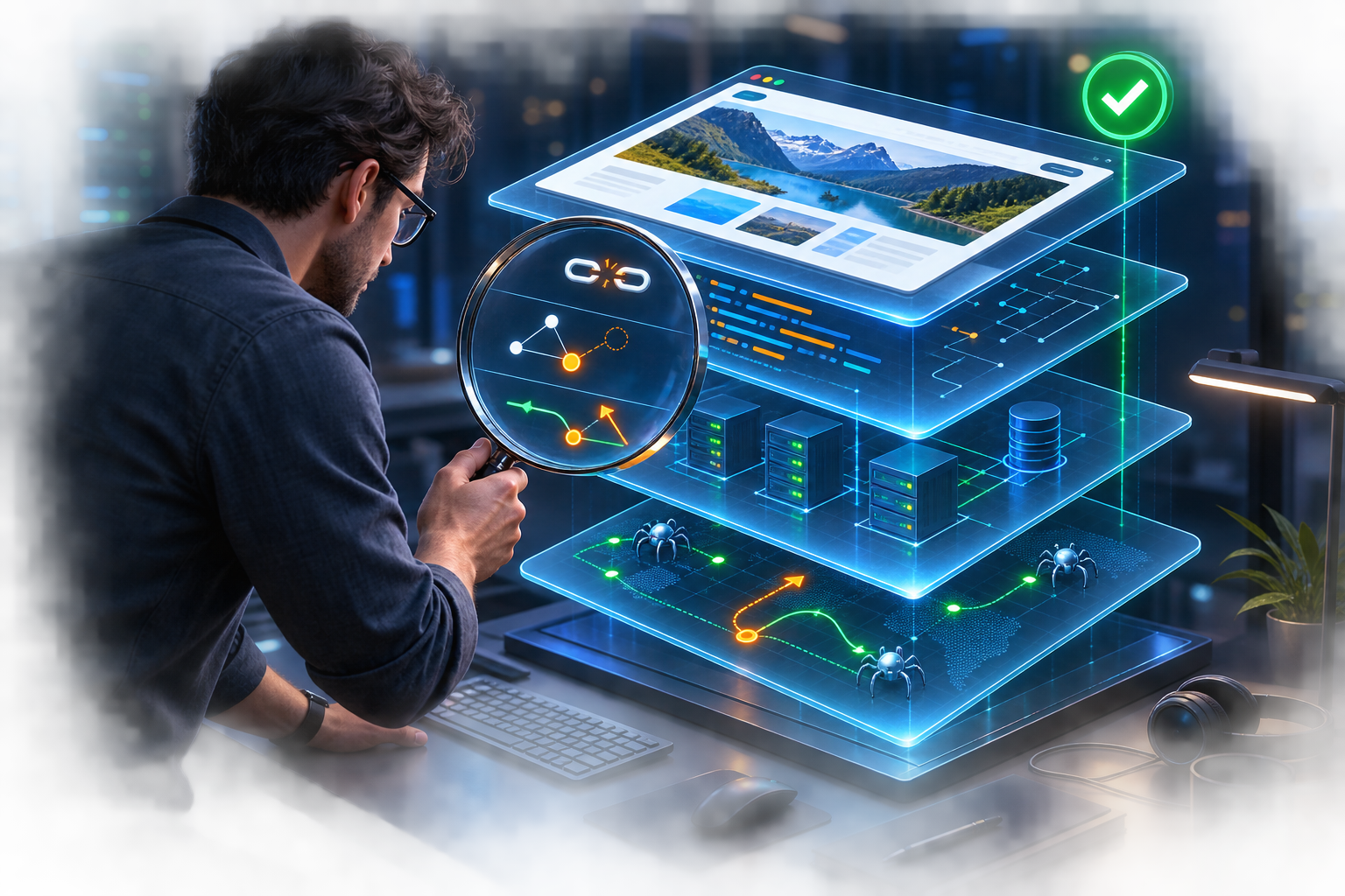 An engineer examines layered website code, interface, server response, and crawler paths through a magnifying lens while hidden faults appear beneath a green status light.