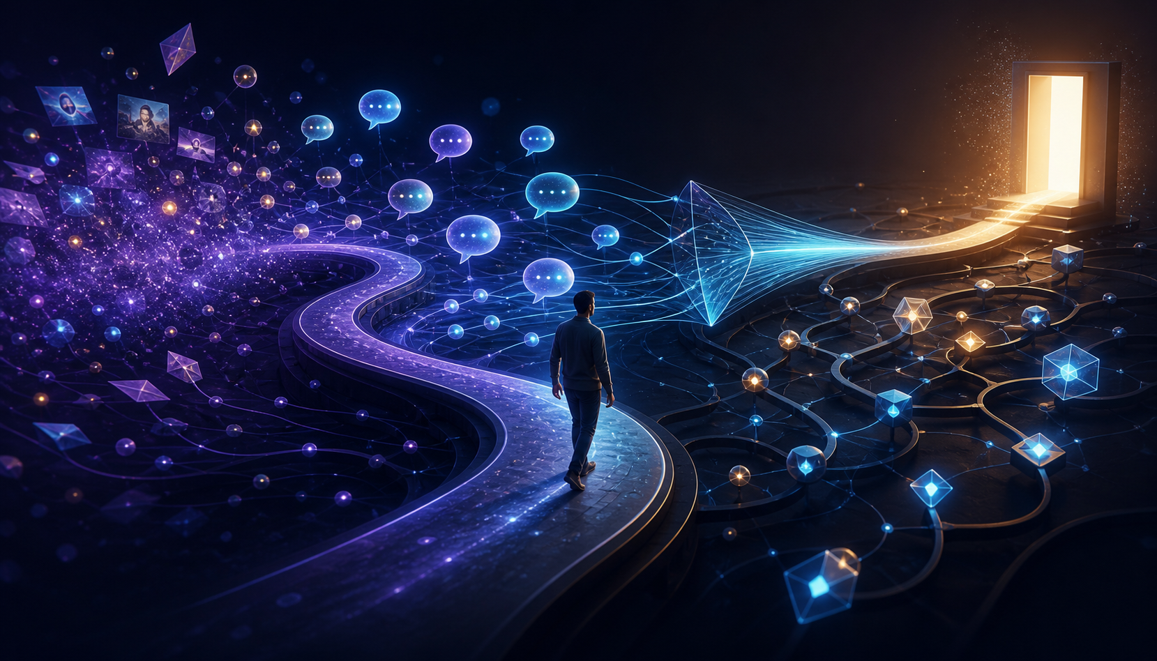A person follows a branching illuminated path from early curiosity through AI-assisted research and search toward a bright conversion doorway.
