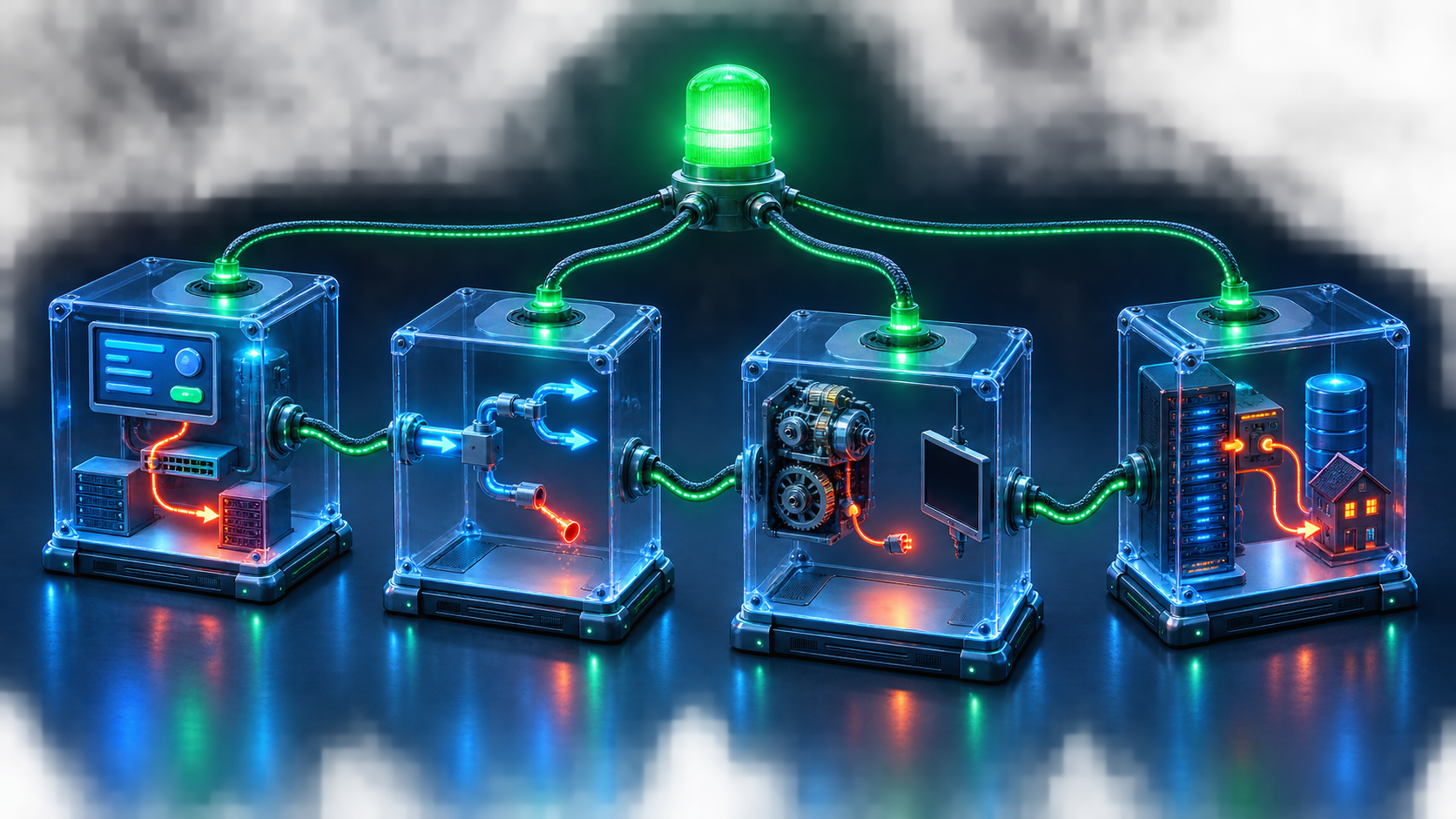 A green status beacon sits above four transparent pipeline chambers containing different hidden software and website configuration failures.