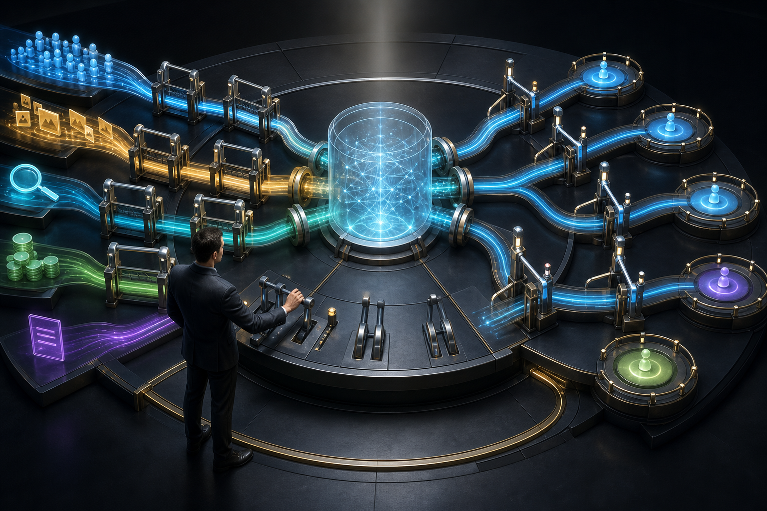A strategist oversees glowing campaign inputs as they pass through human-controlled gates into branching AI-managed pathways.