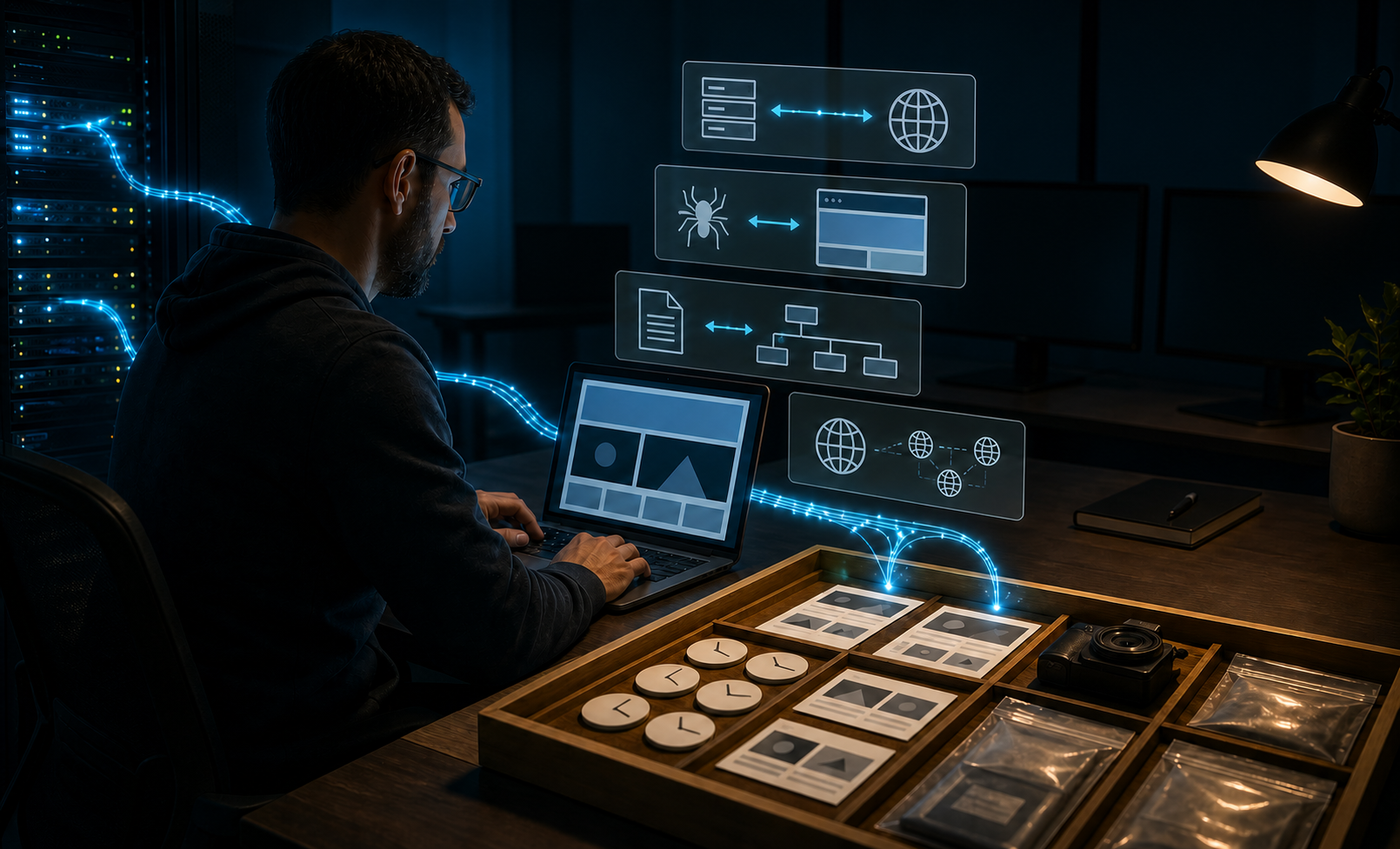 A developer checks a live website response on a laptop while organizing server, crawler, source, and screenshot evidence in an adjacent tray.