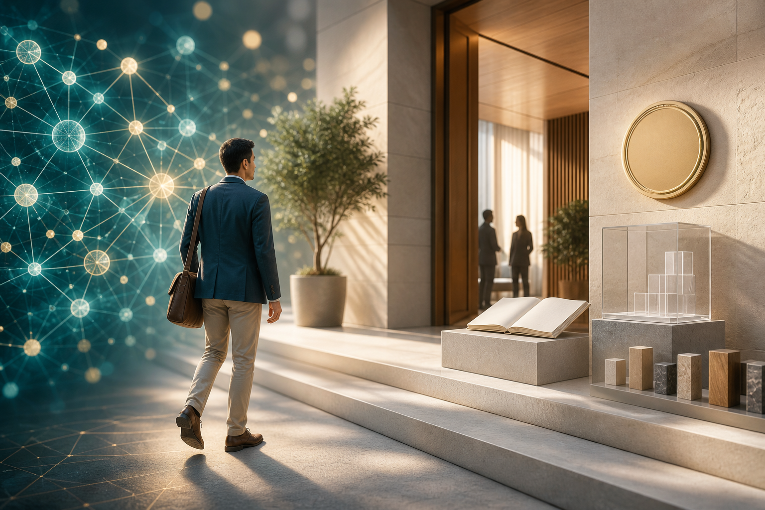 An informed visitor approaches a landing-page space where evidence, transparent product details, and trust markers are presented before sales pressure.